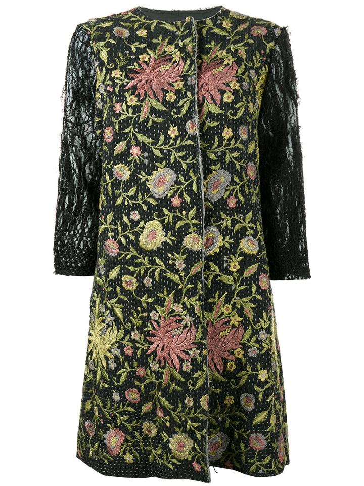 By Walid - Floral Embroidered Coat - Women - Silk/cotton - Xl, Women's, Black, Silk/cotton