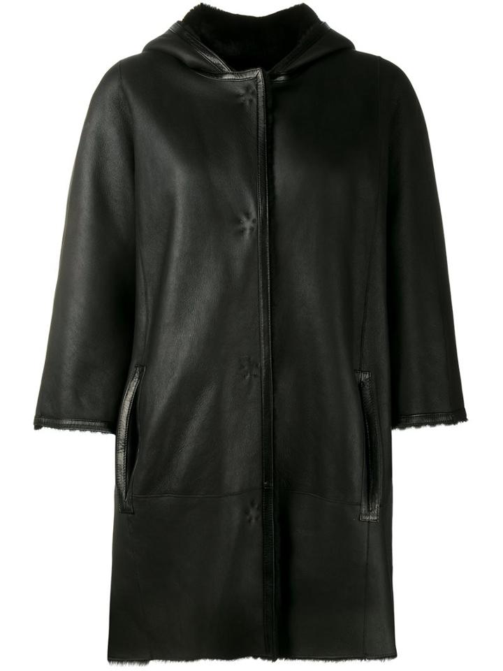 Yves Salomon Hooded Leather Coat, Women's, Size: 38, Black, Lamb Fur/lamb Skin
