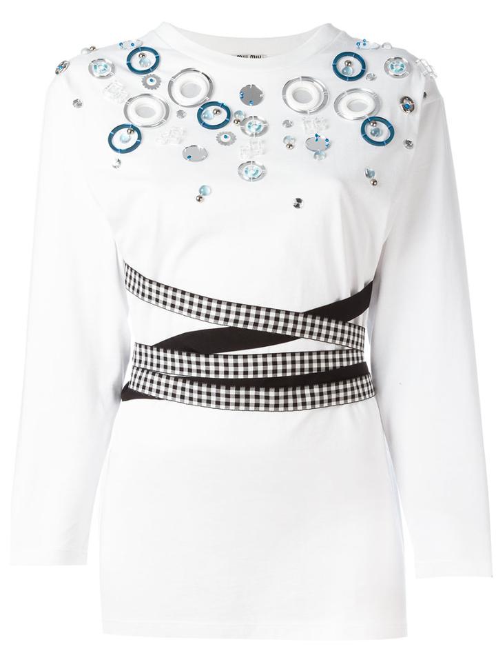 Miu Miu Glass Embellished Fitted T-shirt, Women's, Size: Medium, White, Silk/cotton/glass