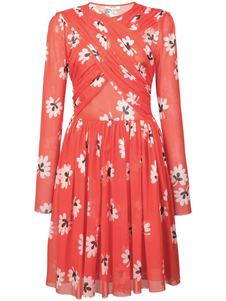 Ganni Floral Print Pleated Dress - Yellow & Orange