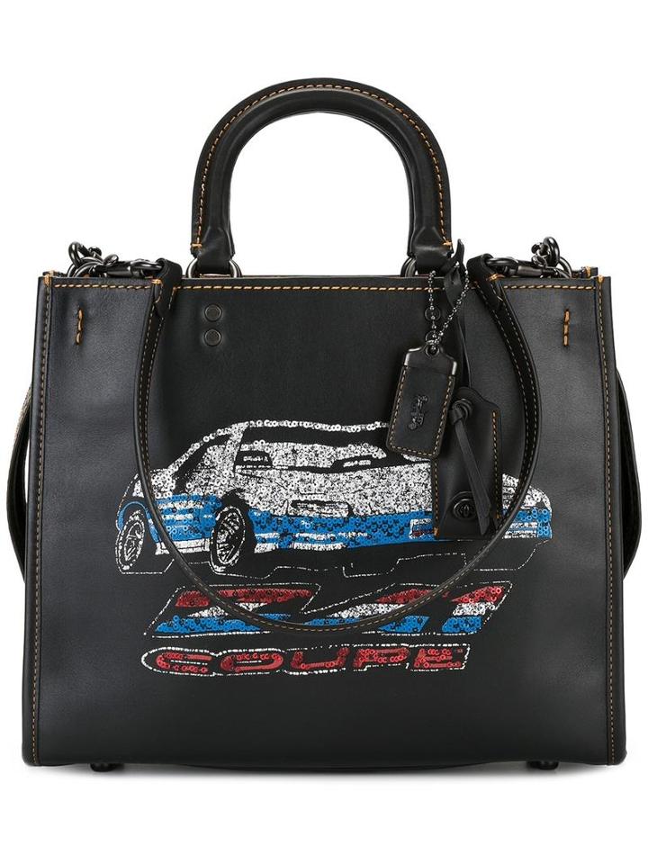 Coach Car Print Tote, Women's, Black, Leather/suede/cotton