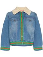 Gucci Faux Shearling Web Ribbon Denim Jacket - Blue
