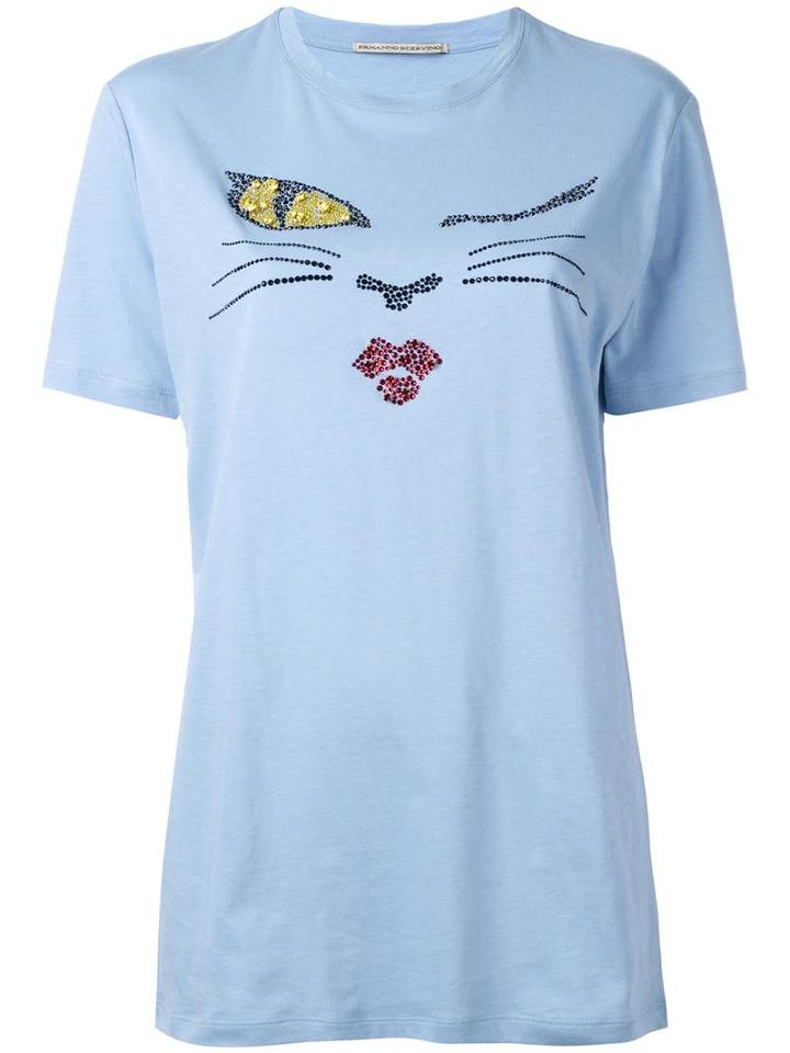 Ermanno Scervino 'cat Wink' Motif T-shirt, Women's, Size: 42, Blue, Cotton/glass/brass
