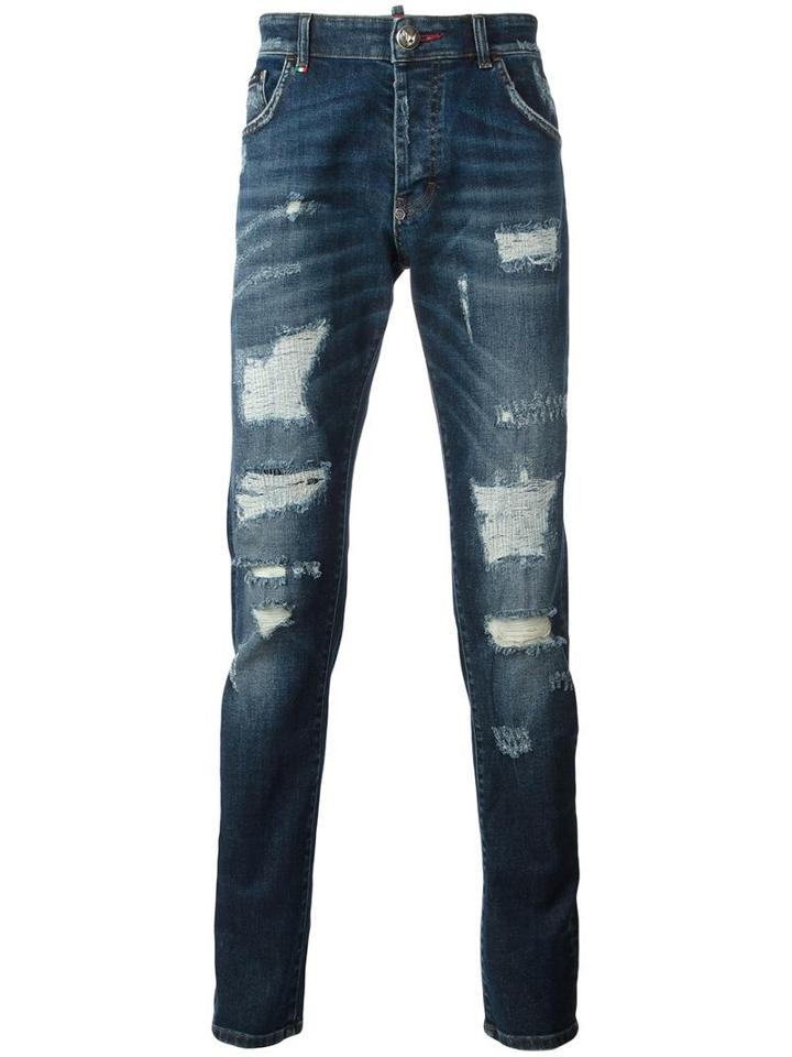 Philipp Plein Distressed Straight-leg Jeans, Men's, Size: 29, Blue, Cotton/spandex/elastane