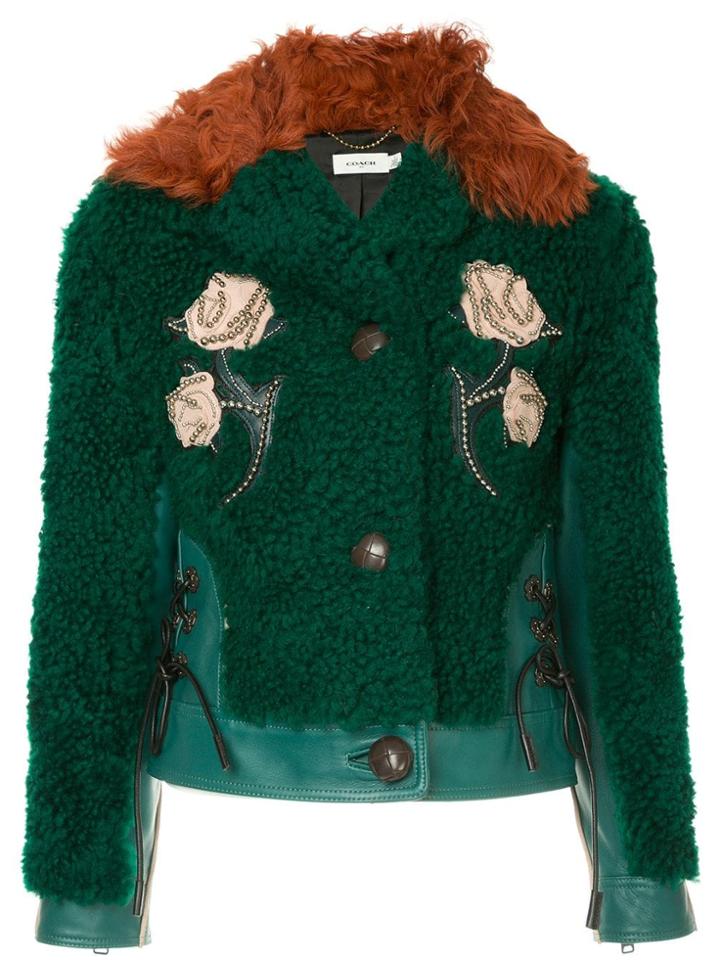 Coach Embellished Shearling Jacket - Green