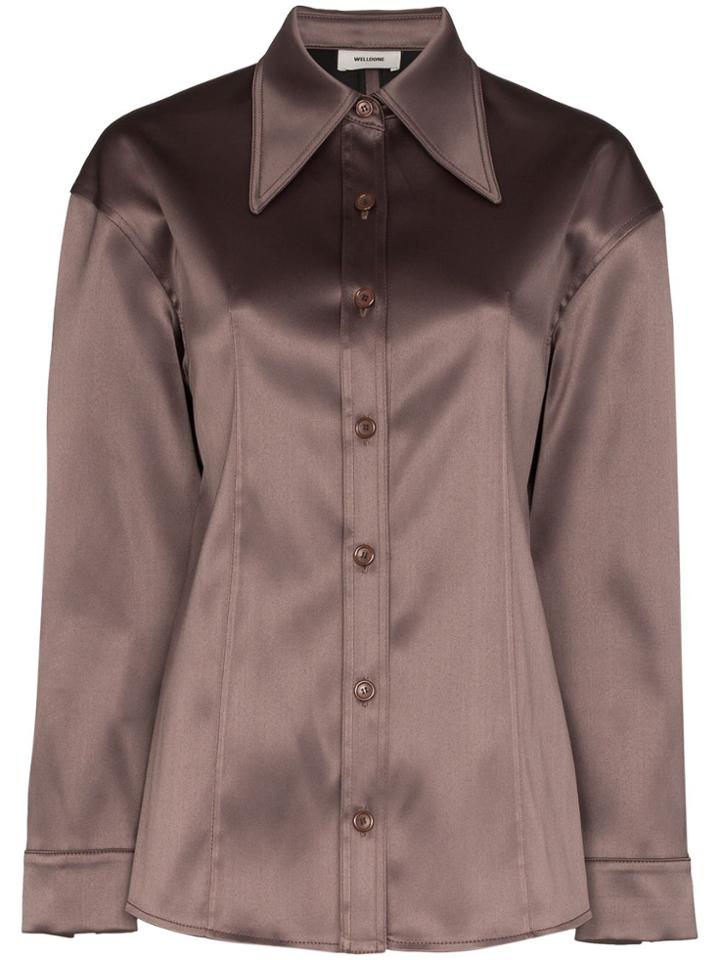We11done Exaggerated Collar Satin Shirt - Brown