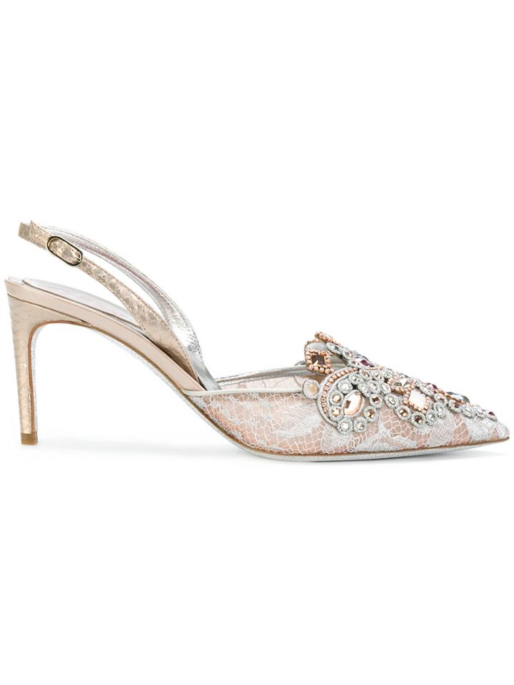 René Caovilla Lace Insert Slingback Pumps - Pink & Purple