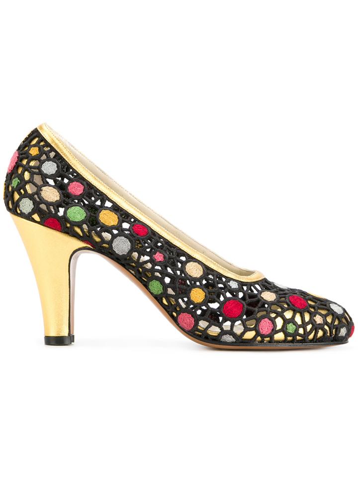 Salvatore Ferragamo Embroidered Lattice Pumps - Metallic