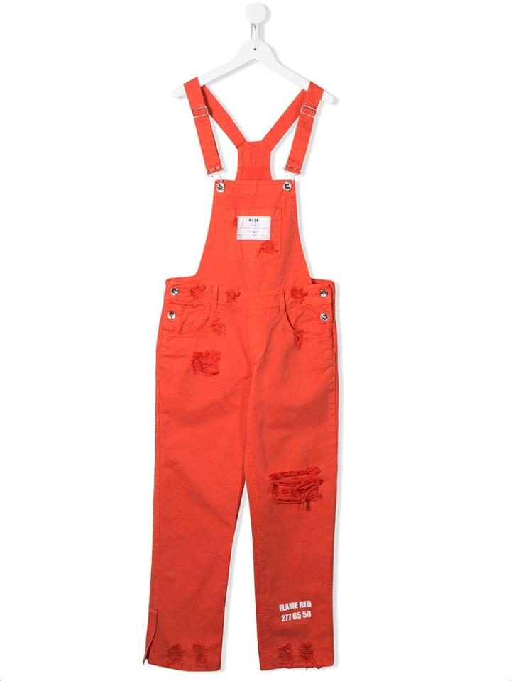 Msgm Kids Distressed Logo Dungarees - Orange