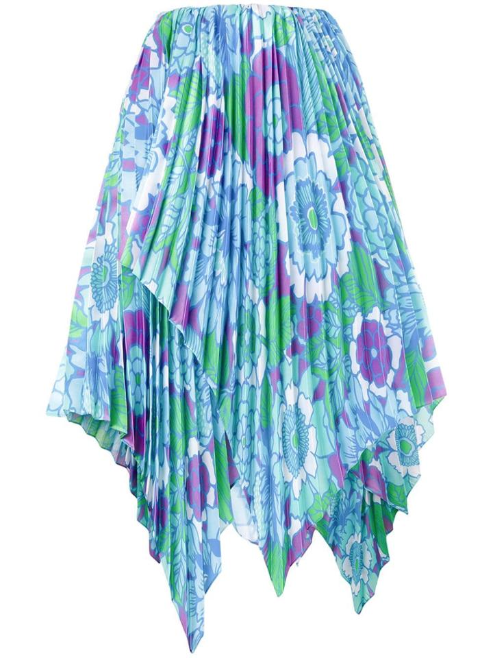Richard Quinn Floral Print Asymmetric Pleated Skirt - Blue