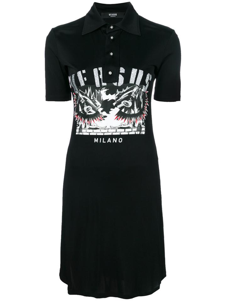 Versus Metallic Logo Print Polo Shirt Dress - Black