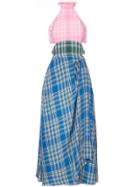 Rosie Assoulin Crinkled Plaid Halter Dress - Pink & Purple