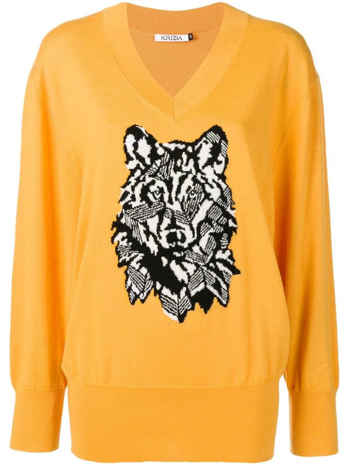 Krizia Jacquard Wolf Knit Sweater - Yellow