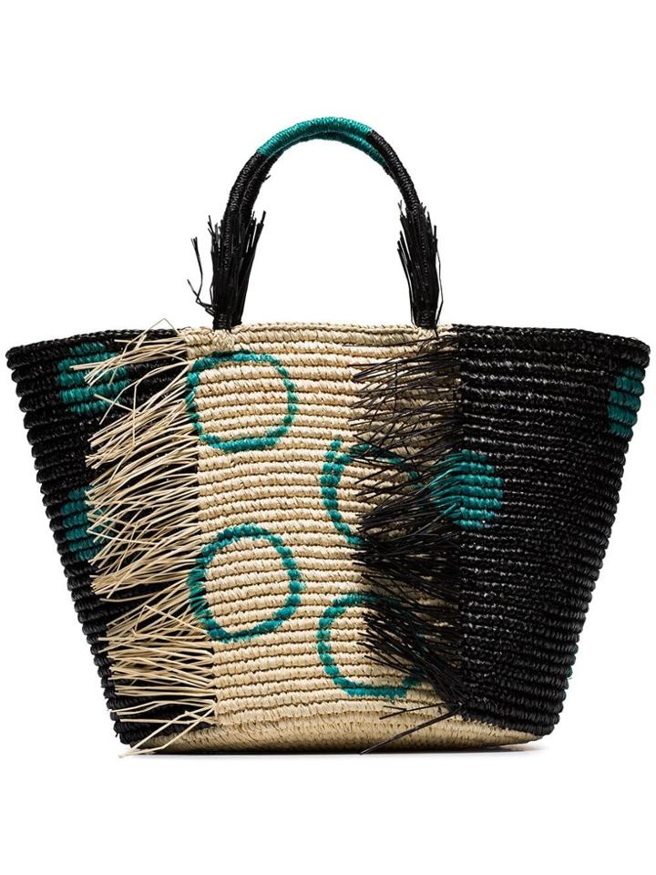 Sensi Studio Black And Green Straw Tote Bag