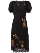 Dolce & Gabbana Bengal Cat Patch Lace Dress, Women's, Size: 40, Black, Cotton/polyamide/viscose/polyamide