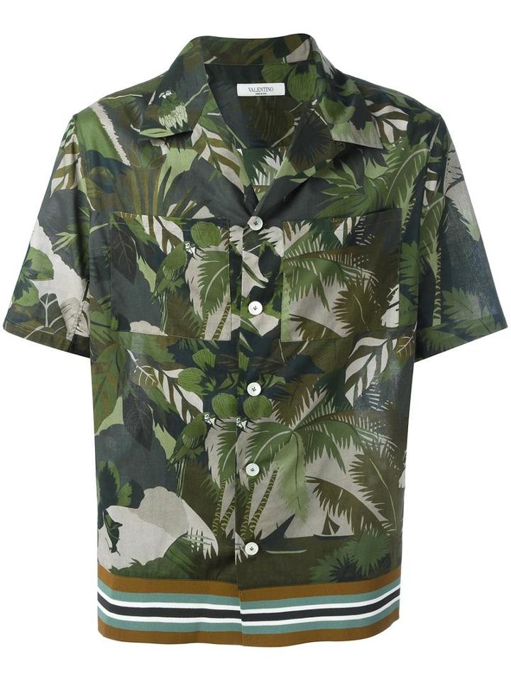 Tropical Print Shirt, Men's, Size: 39, Green, Cotton/viscose/polyester, Valentino