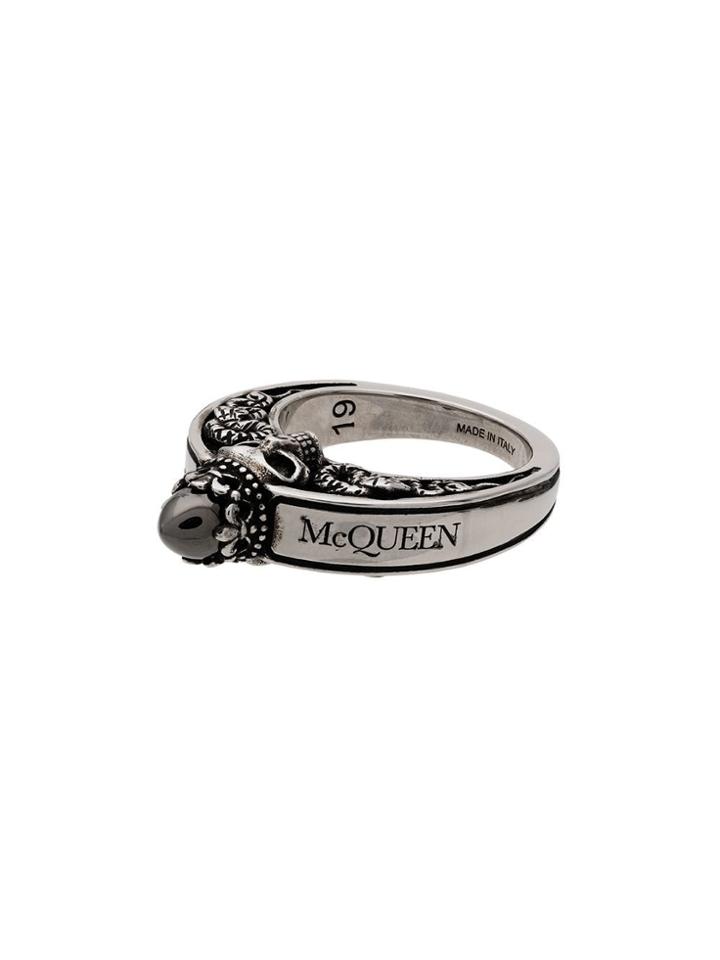 Alexander Mcqueen Metallic Silver And Black Textured Crown Ring