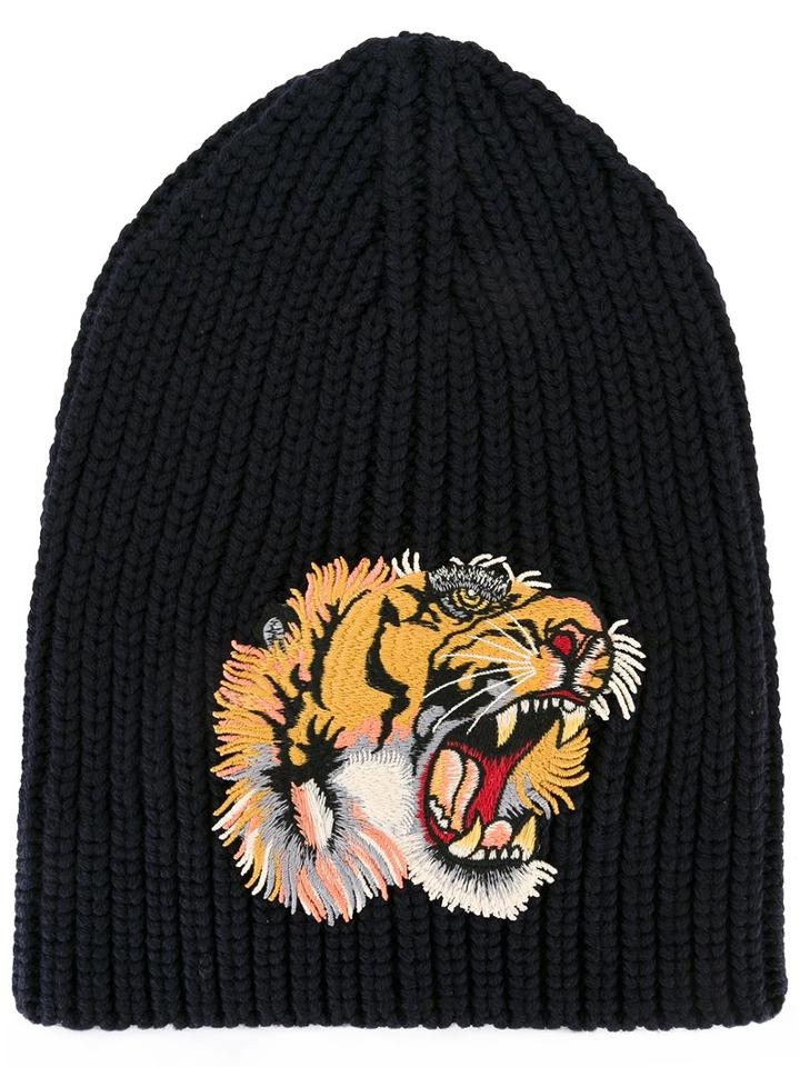 Gucci Tiger Ribbed Beanie, Men's, Size: Medium, Blue, Polyester/wool