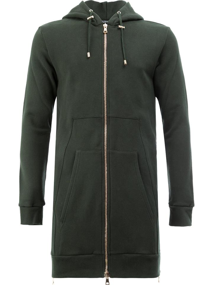 Balmain Longline Zip Detail Hoodie - Green