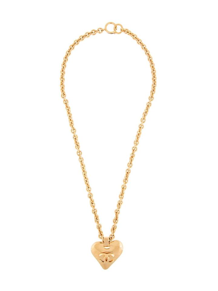Chanel Vintage Logo Heart Pendant Necklace - Metallic