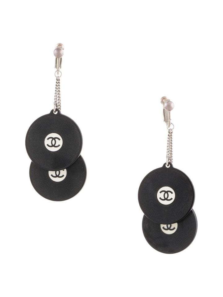 Chanel Vintage Cc Double Disc Drop Earrings - Silver