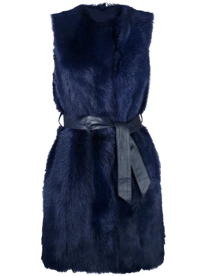 Drome Sleeveless Belted Jacket, Women's, Size: Medium, Blue, Lamb Fur/lamb Skin