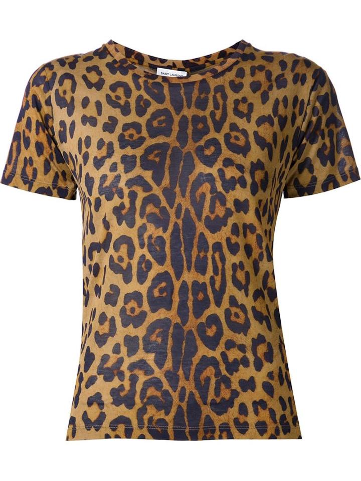 Saint Laurent Leopard Print T-shirt, Women's, Size: Xs, Brown, Cotton