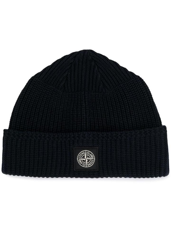 Stone Island Logo Patch Beanie - Blue
