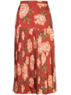 Salvatore Ferragamo Peonies Print Pleated Silk Skirt - Orange
