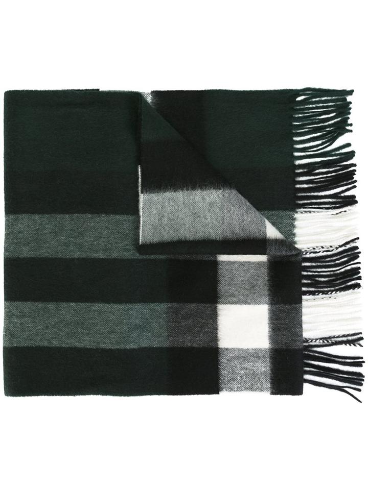 Burberry Plaid Fringed Scarf, Men's, Green, Cashmere