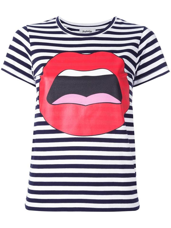 Yazbukey Mouth Print Striped T-shirt, Women's, Size: Medium, Blue, Cotton