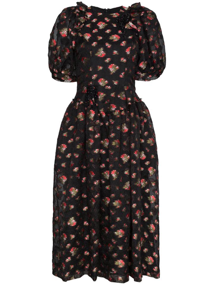Simone Rocha Puff Sleeve Floral Embroidered Dress - Black