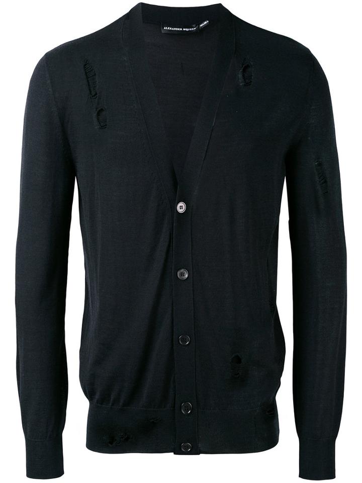 Alexander Mcqueen - Distressed V-neck Cardigan - Men - Silk/wool - S, Black, Silk/wool
