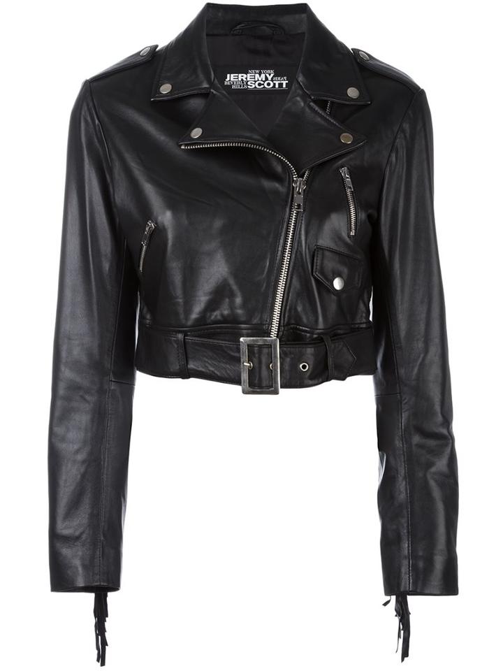 Jeremy Scott Cropped Biker Jacket, Women's, Size: 44, Black, Sheep Skin/shearling/polyester