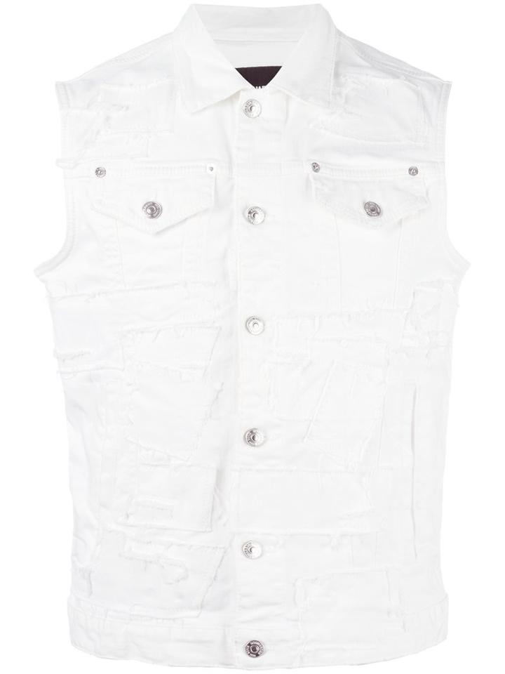 Dsquared2 Distressed Sleeveless Denim Jacket, Men's, Size: 48, White, Cotton/elastodiene