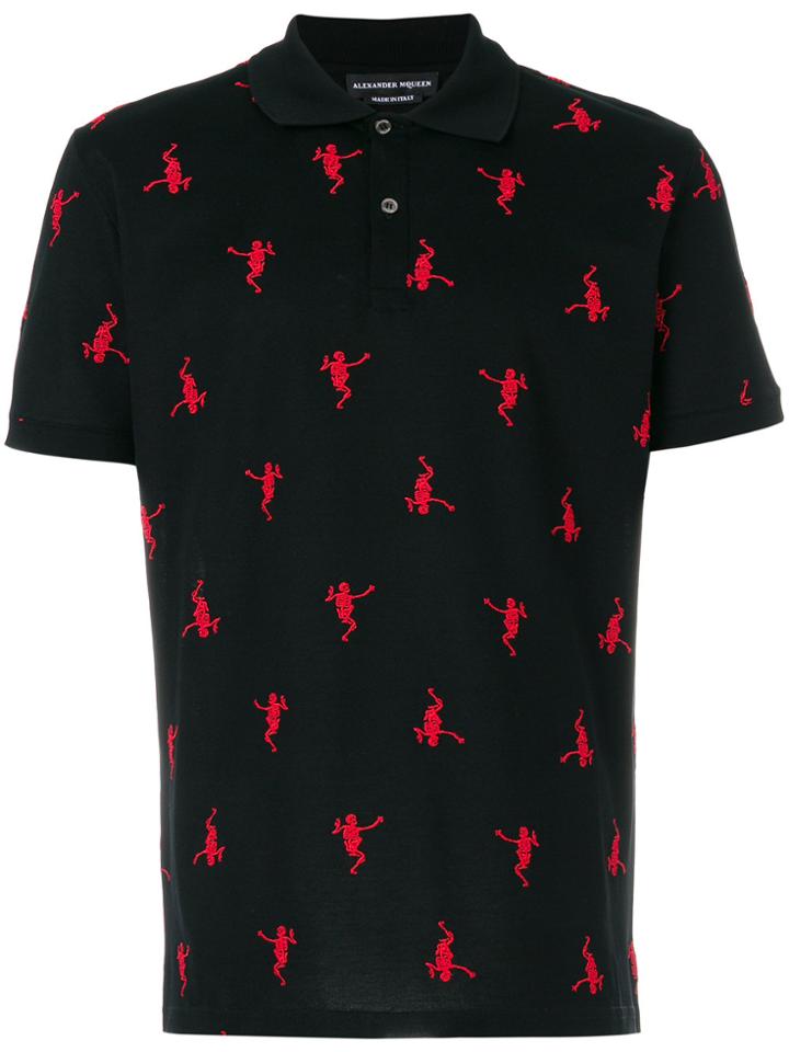 Alexander Mcqueen Dancing Skeleton Embroidered Polo Shirt - Black