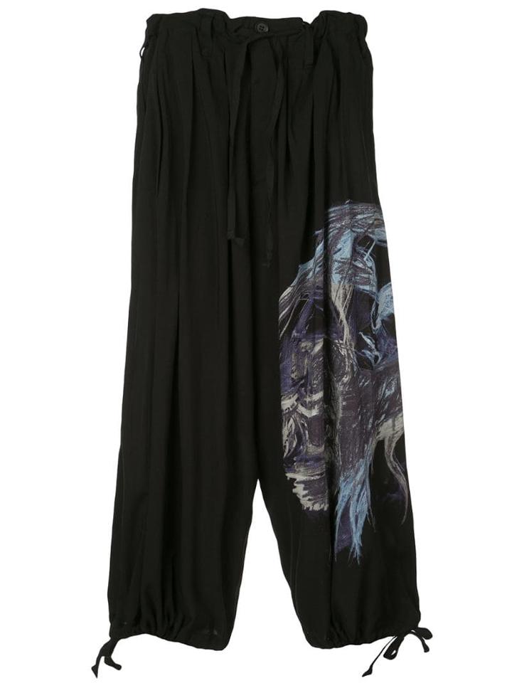 Yohji Yamamoto Printed Dropped Crotch Trousers - Black