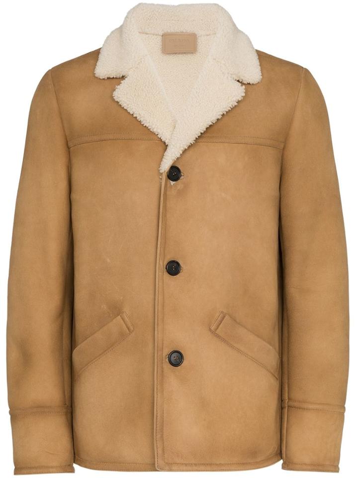 Prada Long Sleeve Shearling Single Breast Jacket - Nude & Neutrals