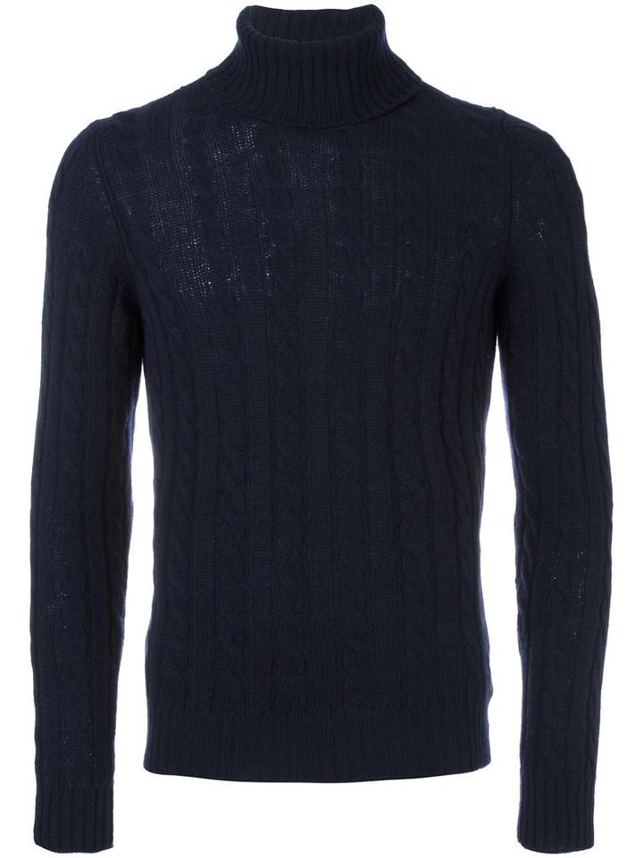 Zanone Cable Knit Turtleneck Jumper, Men's, Size: 50, Blue, Virgin Wool