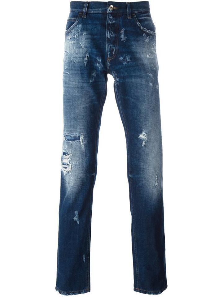Dolce & Gabbana Ripped Detail Jeans, Men's, Size: 44, Blue, Cotton