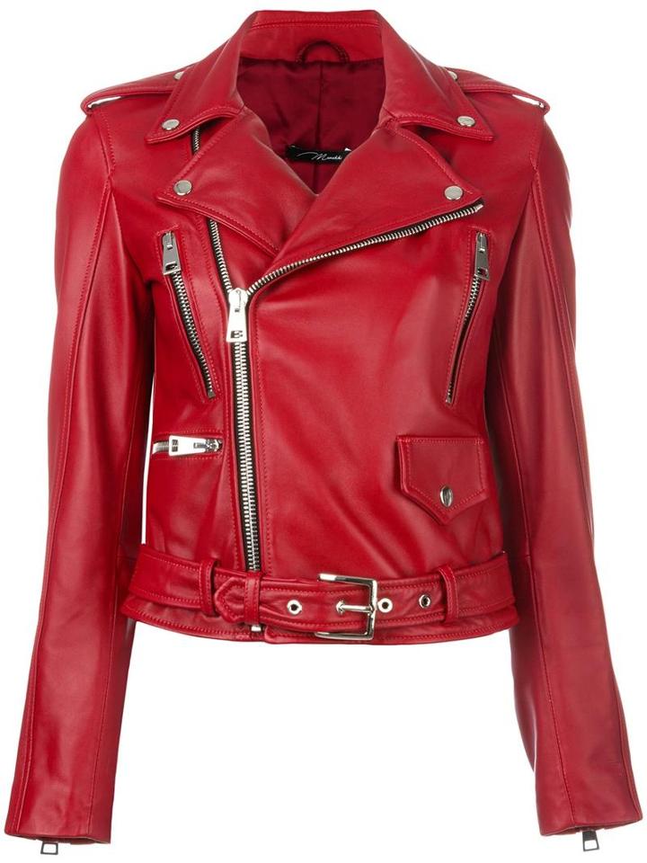 Manokhi Belted Biker Jacket, Women's, Size: 38, Red, Lamb Skin