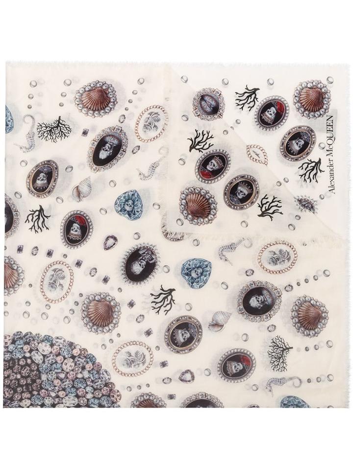Alexander Mcqueen Ivory Lost At Sea Print Wool Blend Scarf - Neutrals
