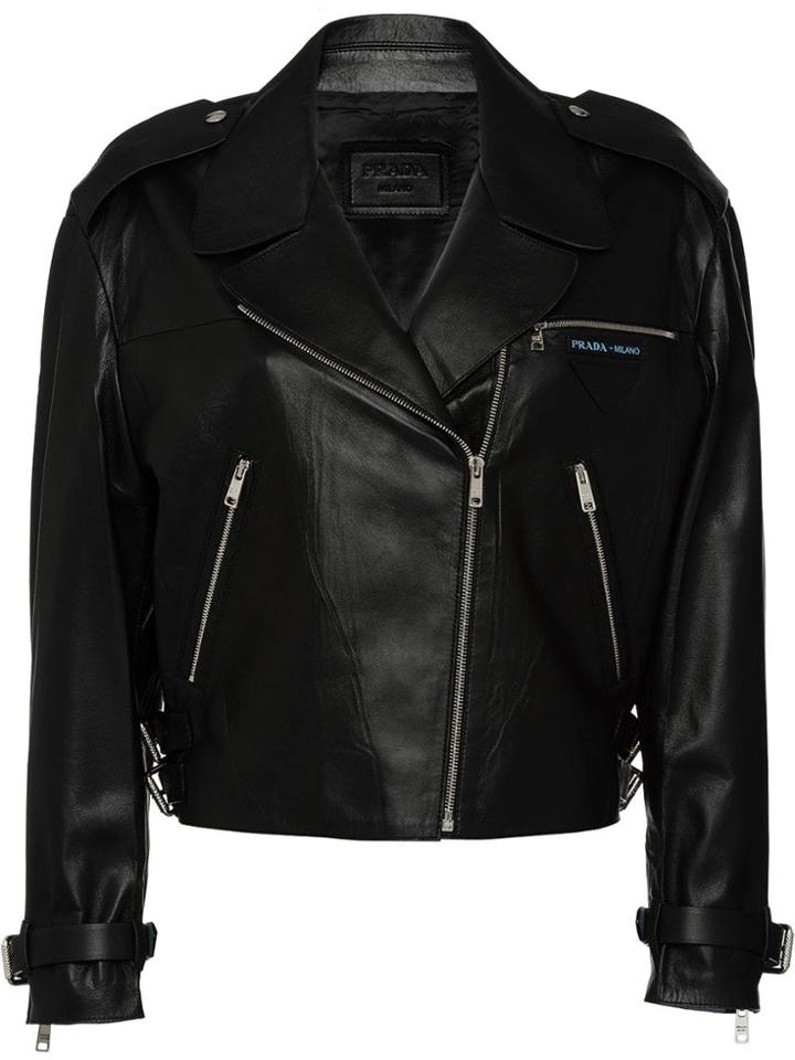Prada Cropped Leather Biker Jacket With Zipper - Black