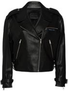 Prada Cropped Leather Biker Jacket With Zipper - Black