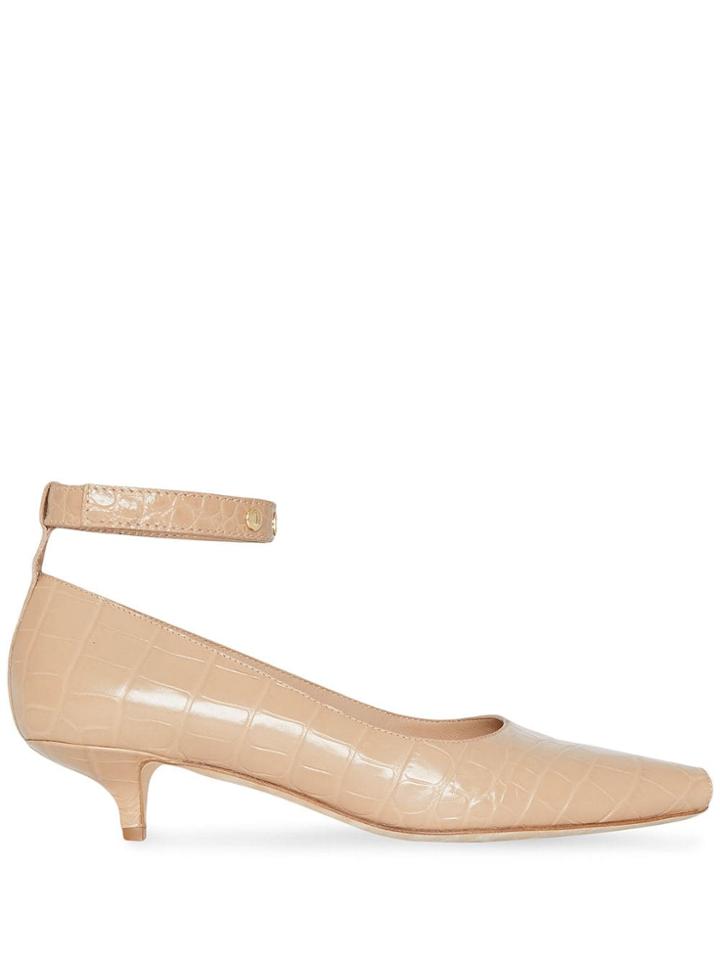 Burberry Embossed Peep-toe Kitten-heel Pumps - Brown