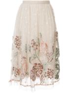 Biyan Floral Embroidered Mesh Skirt - White