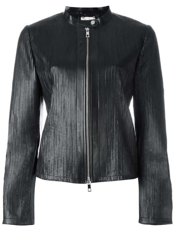 Desa Collection Ribbed Detail Zip Up Jacket, Women's, Size: 40, Black, Leather/polyester/spandex/elastane