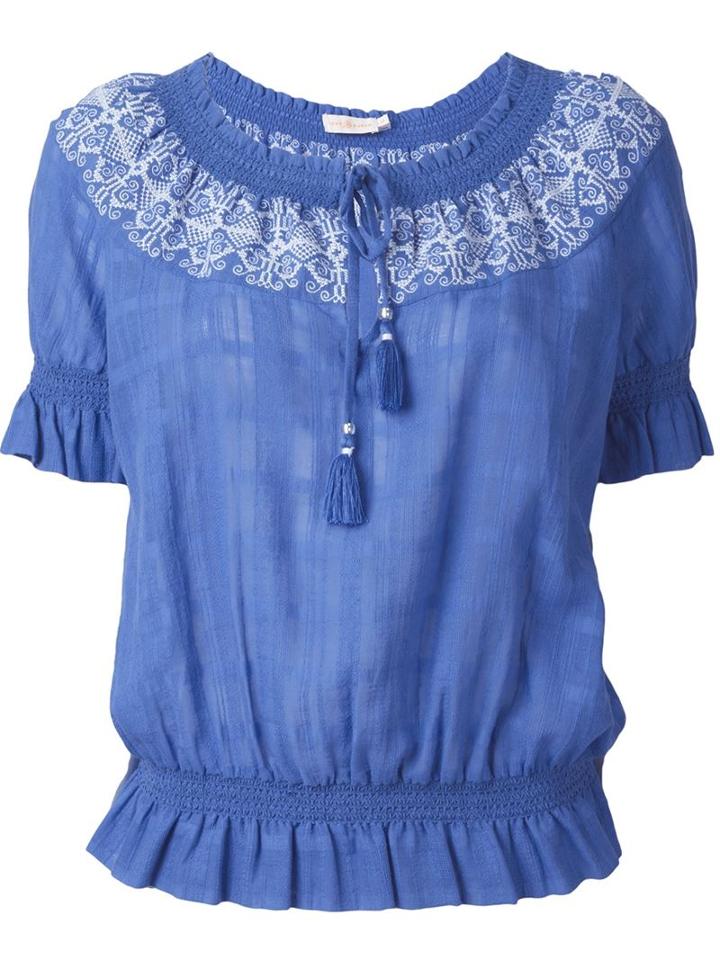 Tory Burch Embroidered Blouse, Women's, Size: M, Blue, Cotton/polyester