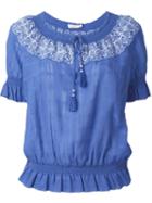 Tory Burch Embroidered Blouse, Women's, Size: M, Blue, Cotton/polyester