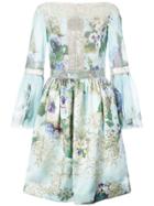 Marchesa Embroidered Flowers Gathered Dress - Blue